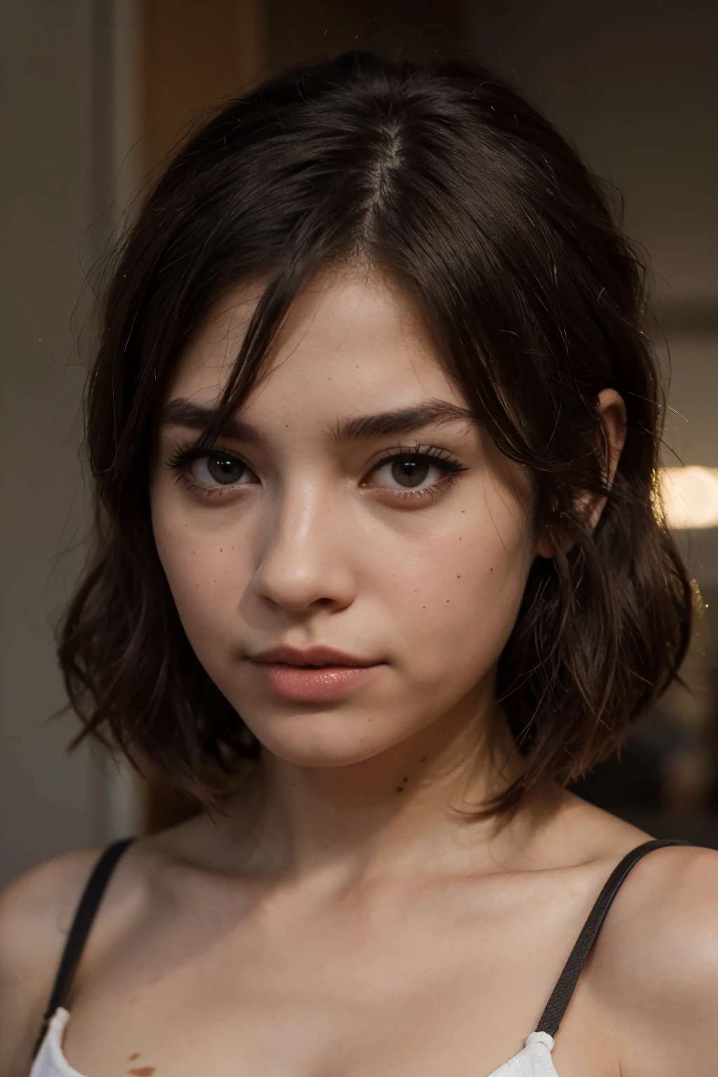 skin de fortnite un poco morena con cabello largo y con fleco corto, el cabello color rojo obscuro, brown and torn children, nose a little small, labios jugosos