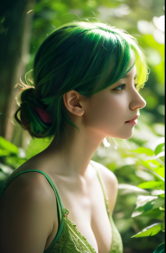 Best Quality, 4K, 8K, hight resolution, masutepiece,Ultra-detailed, Realistic, photoRealistic, photo-Realistic, Cinematic lighting, Beautiful detailed glow, Dynamic Angle, Light leak, amazing, Intricate details, Green hair, "「whisper of green」A quiet scene depicting the essence of. The image shows a woman with a calm expression, Lush green environment, Probably a garden or forest, Wear green underwear, blend into the environment, Sit or stand where you can hear the natural sounds around you。。, The overall atmosphere is calm., Emphasizing the beauty and calmness of greenery."