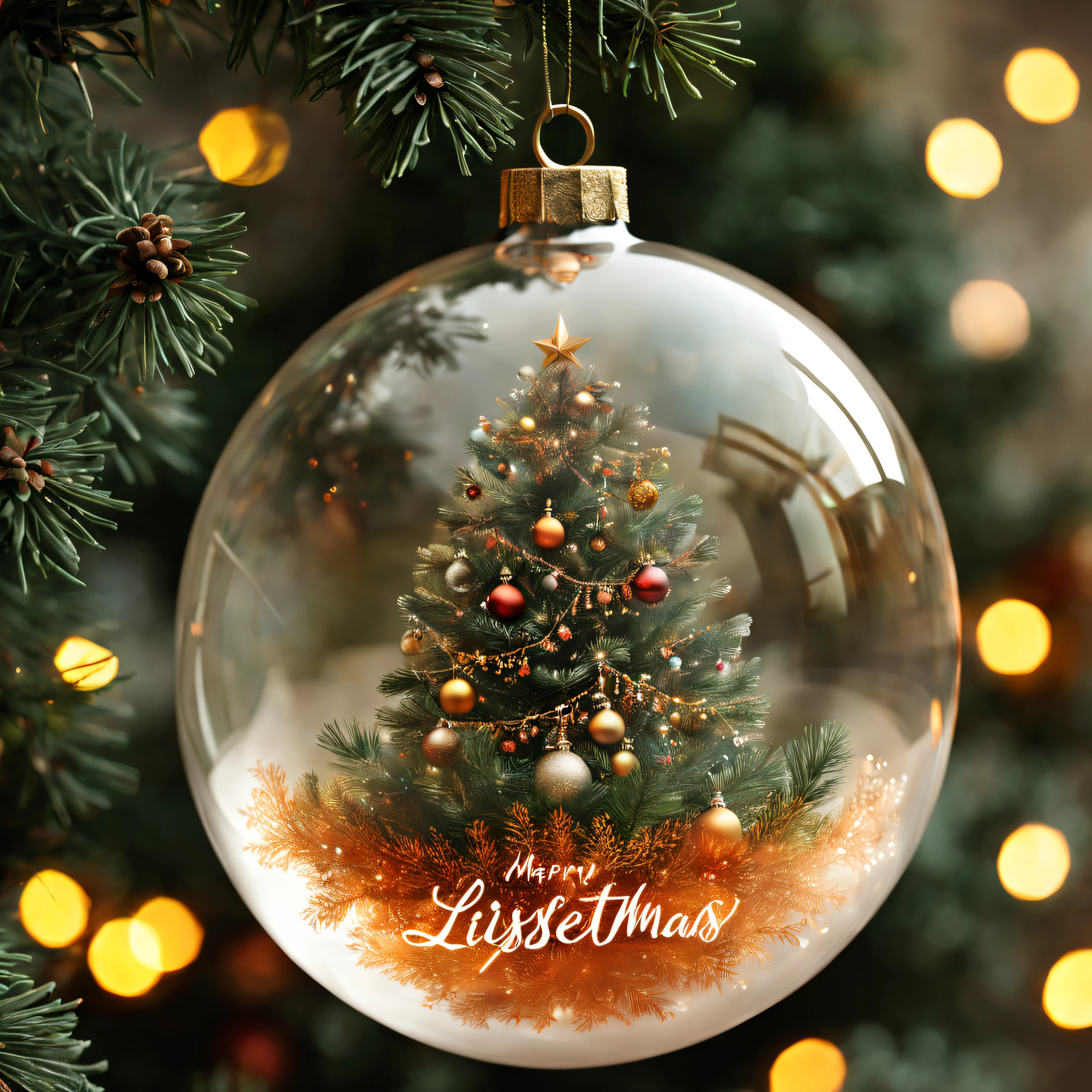 bola de navidad transparente, con texto "LissetDeco", Arte Final, Hiperrealista, warm colours, christmas tree in the background