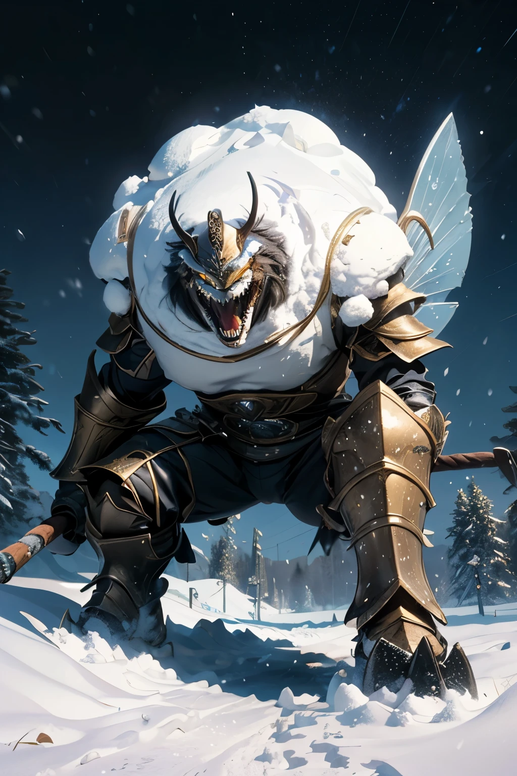 01_(Epic character).(One in the frame). (Huge block of snow). (Big - scary snowman). Horizontal composition, with some offset from the center-wide format. (A large body of snow, an awkward mass of snow, composed of three rounded snow blocks). (Living creature, in a fighting pose, decisive nature, threateningly scary). (Snowman, a fantastic fantasy image, a creature created from snow, created for battles, attacks and intimidation). (In thick snowy paws, he holds an ax, on a long handle, made of , a very powerful weapon, large - at full height). (The body of the monster consists of three blocks - a typical design of a snowman, strength and power live in it, it is ready to attack). (The body is covered with imitation armor, old car bumpers, headlights, license plates, hung on a snow uniform - symbolize armor, metal armor). (A frightening muzzle, in an animation style, with a cheerful grin, a snowy mouth gaping in a smile, an icicle, crazy eyes glowing with blue light, a black felt hat on the head, decorated with trinkets and amulets). (This is an epic character in animated style, animated film).
02_The composition is located in a horizontal frame, in the hand is a powerful ax. Eliminate symmetry, the main mass of the hero is not placed clearly in the center - with a slight offset, Mood, fairy tale, magic, absurdity, fighting stance, and powerful snow form.
03_ Cold range of lighting, evening, snow storm, elements, gusty wind, slanting snow whirlwinds, patterns on the background, dark blue, snowy background. Contrasting, clear lighting, warm magical light, clear cold shadows, contrasting image. , snow, snow decor, intricate patterns, and ornaments on the body. The highest image quality, a masterpiece, computer graphics. Cinematic level of performance, animated film. HD quality, wide format, 8K. , Unreal engine.