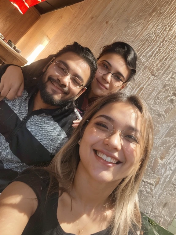 Un hombre con barba y gorra., a 21-year-old woman, cabello largo negro sonriendo, Un chico serio con gafas., todos estan contentos. Fondo en un restaurante