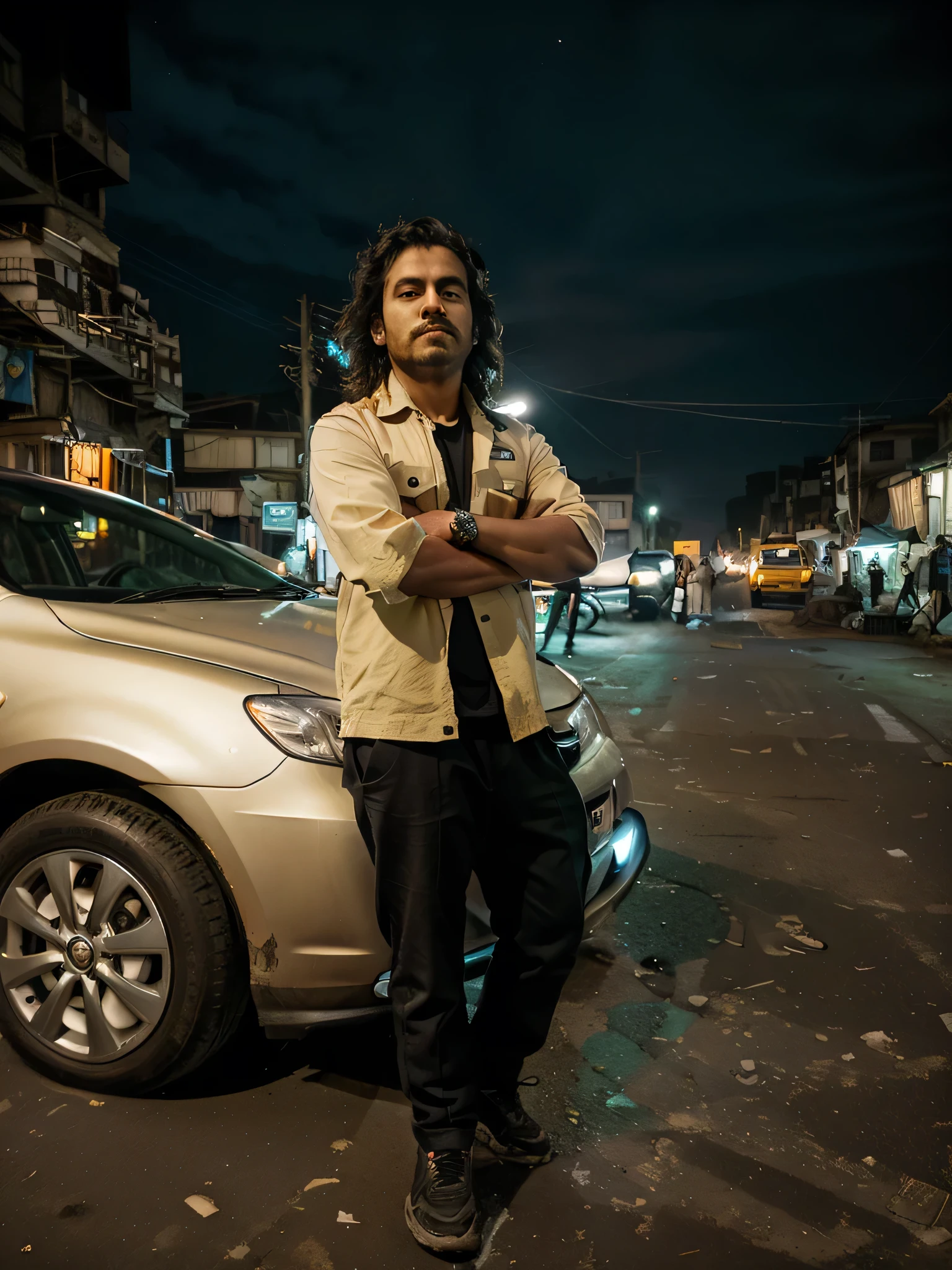 cyberpunk, sci-fi, night citylights, there is a man standing next to a car on the side of the road, inspired by Bikash Bhattacharjee, standing in road, standing in township street, standing in a township street, standing in street, very artistic pose, at a city street, full body photogenic shot, very very low quality picture, stylish pose, on a street, street pic