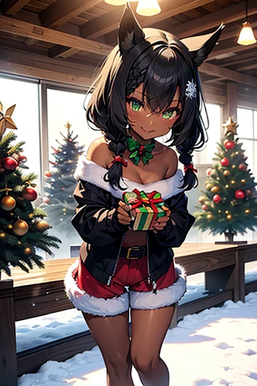 nsfw、masterpiece、best quality、(((super detailed dark skin)))、full body shot、(sexy pose:1.3)、1catgirl、(((adult woman)))、jadegreen eyes、dark bodyskin、cat ears、horse tail、hair/(braided side pigtails)、flipped hair、midnight black hair、cleavage、(arms free)、(shoulders free)、(neck free)、top/(small torn christmas top:1.3)、hotpants/(small tight christmas hotpants)、standing on a snowy meadow、background/(christmastree with presents)、cheeky smile、sticking tongue out