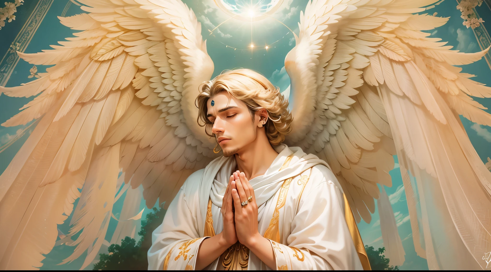 Closeup of an image of a man angel praying and blessing, arcanjo homem com asas grandes, o anjo da fortuna, perfeito, Reslistic, Biblical setting, celestial scenery, sol e nuvens ultras realistas, flores e velas, illuminated archangel of heaven, Passes em segundo plano, flores coloridas, velas acesas, roupas brancas e vermelhas