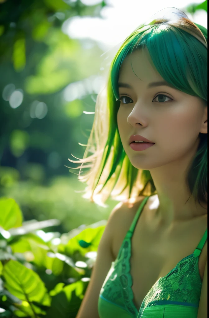 Best Quality, 4K, 8K, hight resolution, masutepiece,Ultra-detailed, Realistic, photoRealistic, photo-Realistic, Cinematic lighting, Beautiful detailed glow,Light leak, amazing, Intricate details, Green hair, "「whisper of green」A quiet scene depicting the essence of. The image shows a woman with a calm expression, Lush green environment, Probably a garden or a forest, Wear green underwear, blend into the environment, Sit or stand where you can hear the natural sounds around you。., The overall atmosphere is calm., Emphasizing the beauty and calmness of greenery."