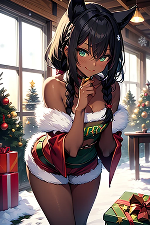 nsfw、masterpiece、best quality、(((super detailed dark skin)))、full body shot、(sexy pose:1.3)、1catgirl、(((adult woman)))、jadegreen eyes、dark bodyskin、cat ears、horse tail、hair/(braided side pigtails)、flipped hair、midnight black hair、cleavage、(arms free)、(shoulders free)、(neck free)、top/(small torn christmas top:1.3)、hotpants/(small tight christmas hotpants)、standing on a snowy meadow、background/(christmastree with presents)、cheeky smile、sticking tongue out