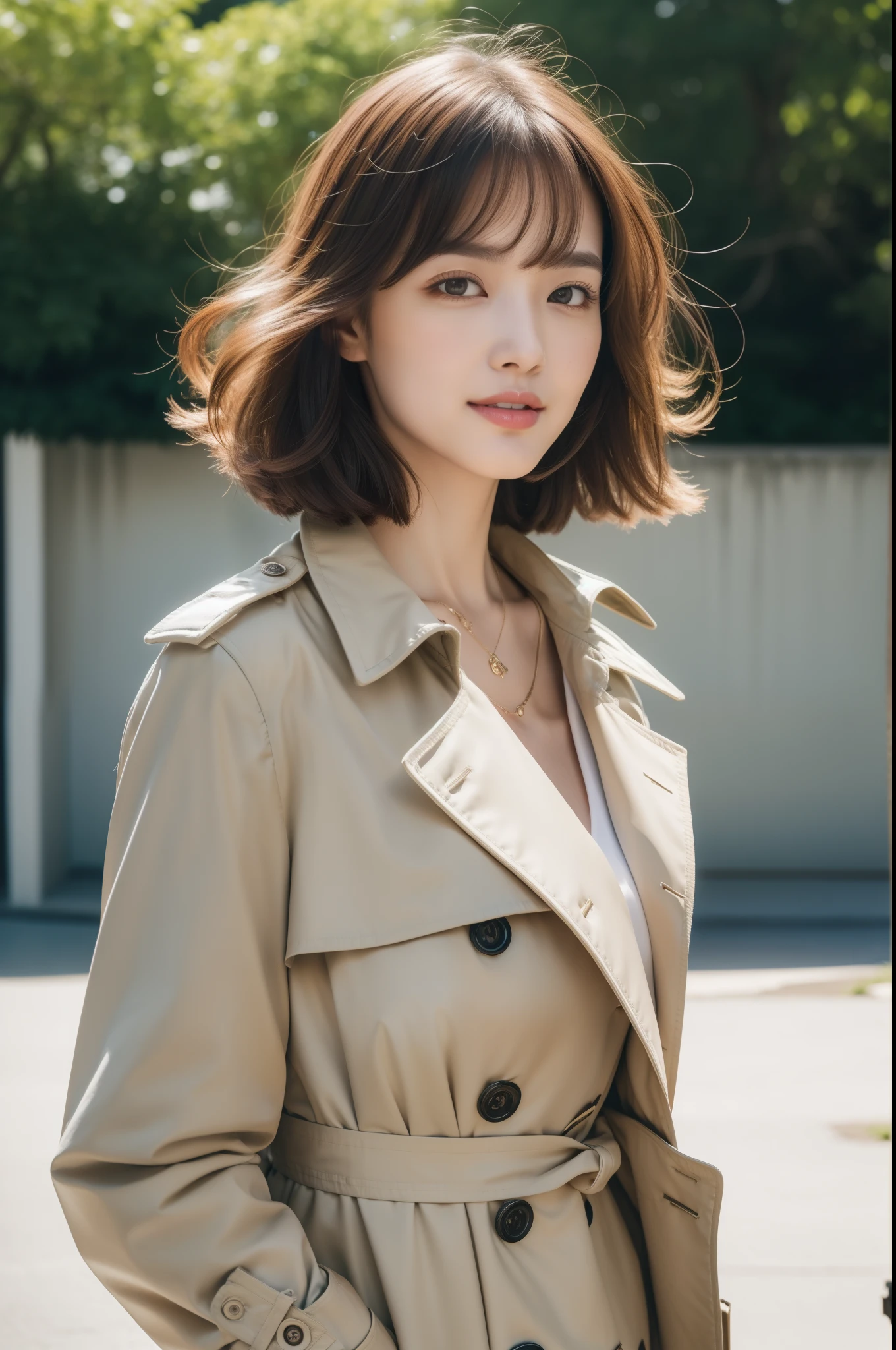 (8k RAW photo, Best Quality), ((masutepiece)), 超A high resolution, filmg穀物, filmg,( 20yr old, Slender face, 1girl in, long eyelashes, Eye Highlights), Natural Skin Texture, A perfectly proportioned face, realistic eyes and face details, lip stick, (makeup), Red eyeshadow, Perm Hair, Fluffy short hair, hair messy, Smile, closes mouth, Beautiful legs, Tall lady, skinny, slim_Legs, Solo, huge-breasted, Ass,(Natural places), (Detailed background), ((Open Front Trench Coat,White inner shirt)), huge-breasted, Blurry background, Blurry, Brown hair, Bangs, a necklace, Parted lips, depth of fields