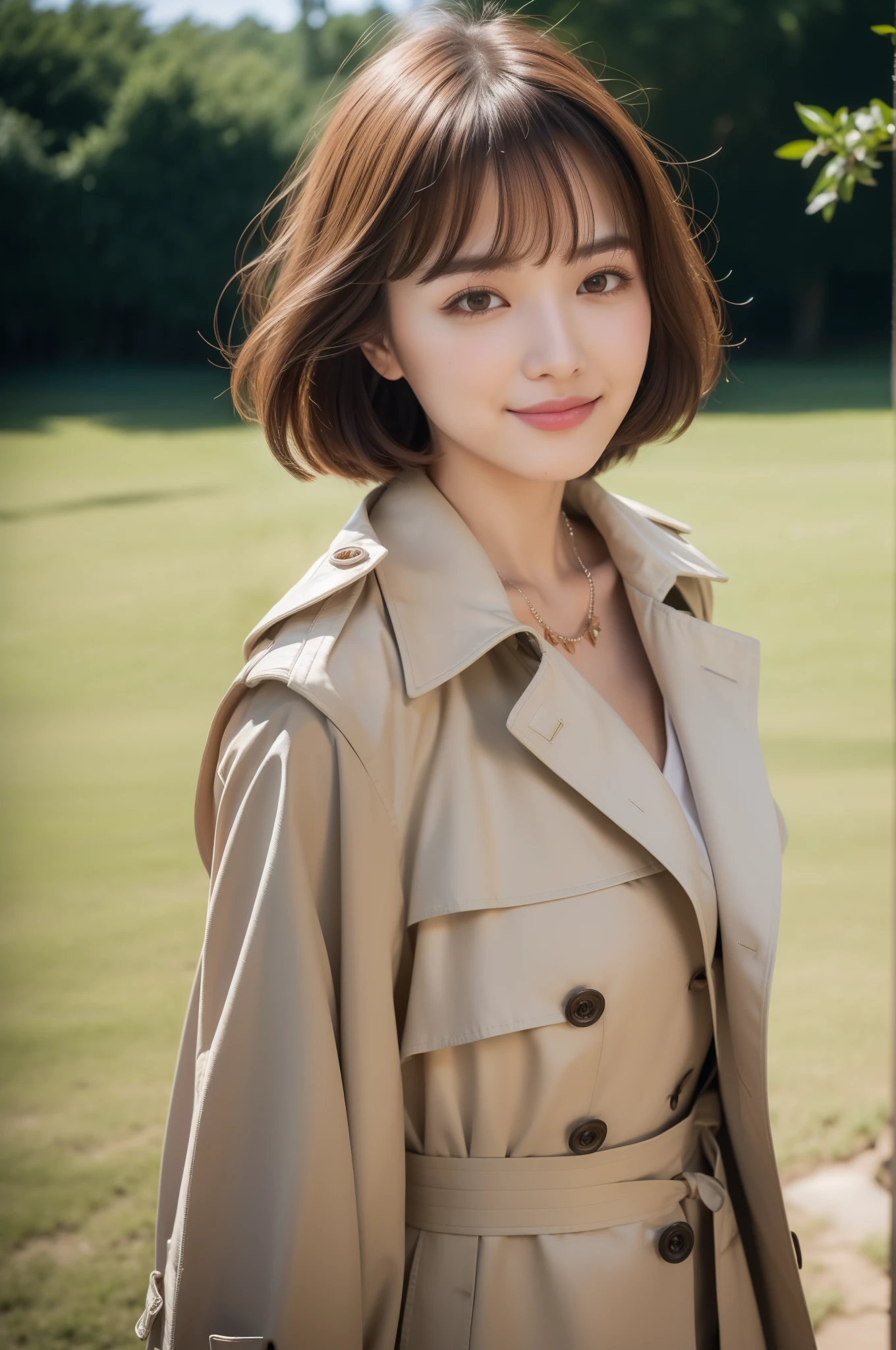 (8k RAW photo, Best Quality), ((masutepiece)), 超A high resolution, filmg穀物, filmg,( 20yr old, Slender face, 1girl in, long eyelashes, Eye Highlights), Natural Skin Texture, A perfectly proportioned face, realistic eyes and face details, lip stick, (makeup), Red eyeshadow, Short hair, hair messy, Smile, closes mouth, Beautiful legs, Tall lady, skinny, slim_Legs, Solo, huge-breasted, Ass,(Natural places), (Detailed background), ((Open Front Trench Coat,White inner shirt)), huge-breasted, Blurry background, Blurry, Brown hair, Bangs, a necklace, Parted lips, depth of fields