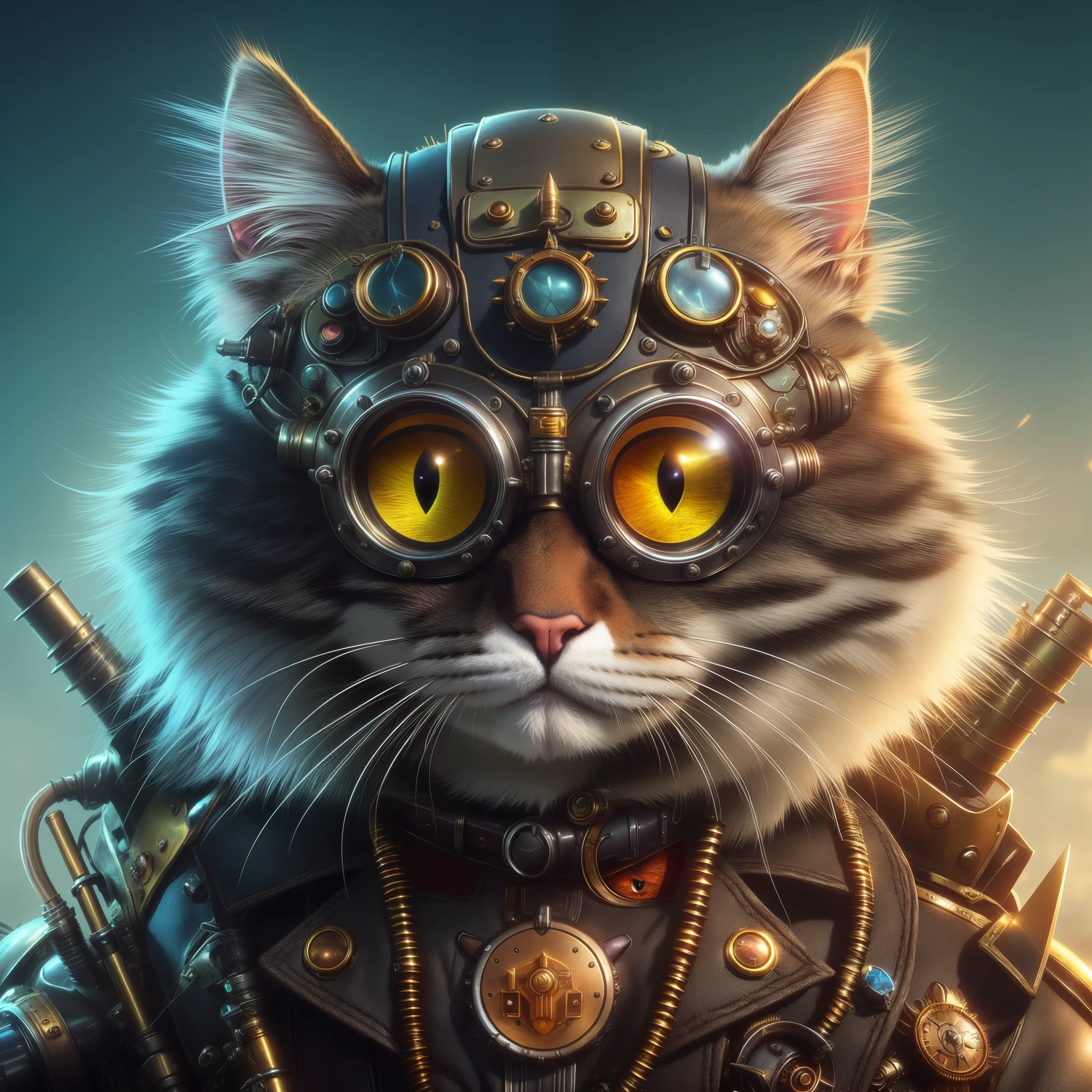 Close-up of a cat wearing a steam punk outfit, steampunk cat, cyberpunk cat, Cyborg Cat, portrait of a steampunk catgirl, wojtek fus, anthro cat, a Cyborg Cat, digital steampunk art, furry fantasy art, Cyborg kitten, anthro cat, Cat in a helmet with spikes, awesome cat, Warrior Cat