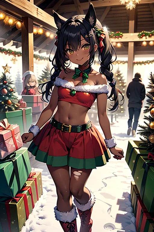 nsfw、masterpiece、best quality、(((super detailed dark skin)))、full body shot、(sexy pose:1.3)、1catgirl、(((adult woman)))、jadegreen eyes、dark bodyskin、cat ears、horse tail、hair/(braided side pigtails)、flipped hair、midnight black hair、cleavage、(arms free)、(shoulders free)、(neck free)、top/(small torn christmas top:1.3)、hotpants/(small tight christmas hotpants)、standing on a snowy meadow、background/(christmastree with presents)、cheeky smile、sticking tongue out
