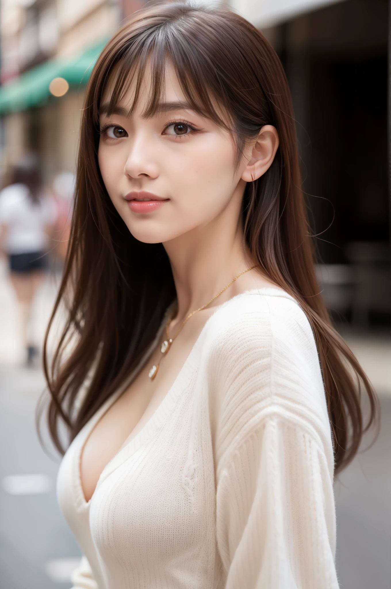 (8k RAW photo, Best Quality), ((masutepiece)), 超A high resolution,, filmg,( 20yr old, Slender face, 1girl in, long eyelashes, Eye Highlights), Natural Skin Texture, A perfectly proportioned face, realistic eyes and face details, lip stick, (makeup),((Long sleeve knit)), Red eyeshadow, Perm Hair, Fluffy short hair, hair messy, Smile, closes mouth, Beautiful legs, Tall lady, skinny, Slim legs, Solo, cleavage of the breast, (Street, Detailed background), huge-breasted, Blurry background, Blurry, Brown hair, Bangs, a necklace, Parted lips, depth of fields