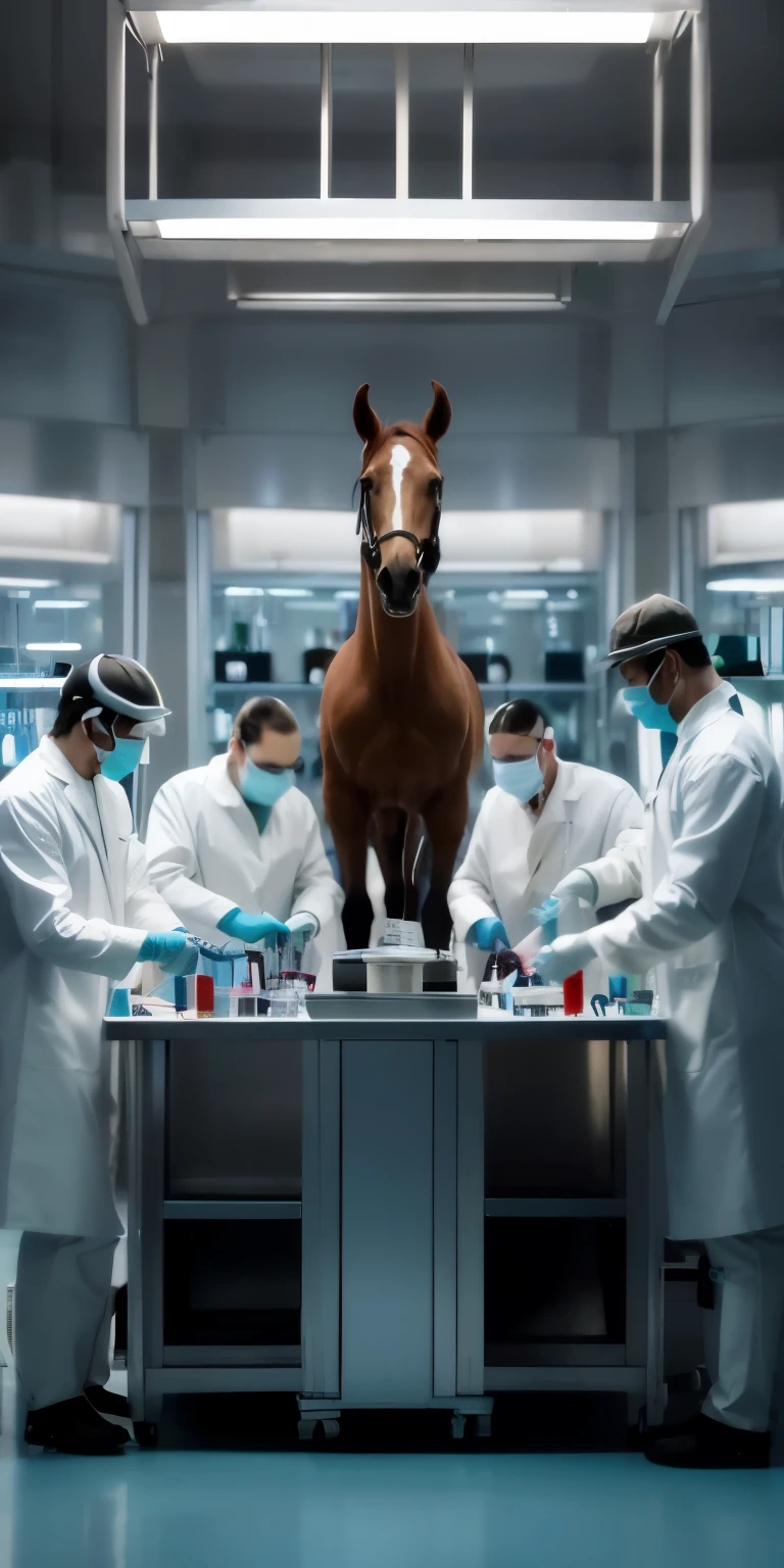 araffes en un laboratorio with a horse in the middle of a table, Anatomically correct equine, sentado en una mesa de laboratorio, Escena de laboratorio interior, Bojack Horseman en la vida real, Imagen realista verdadera, en un laboratorio, in a research center, Hiperrealista, muy realista, horse is up on it's hindlegs, Un ultra realista, imagen real