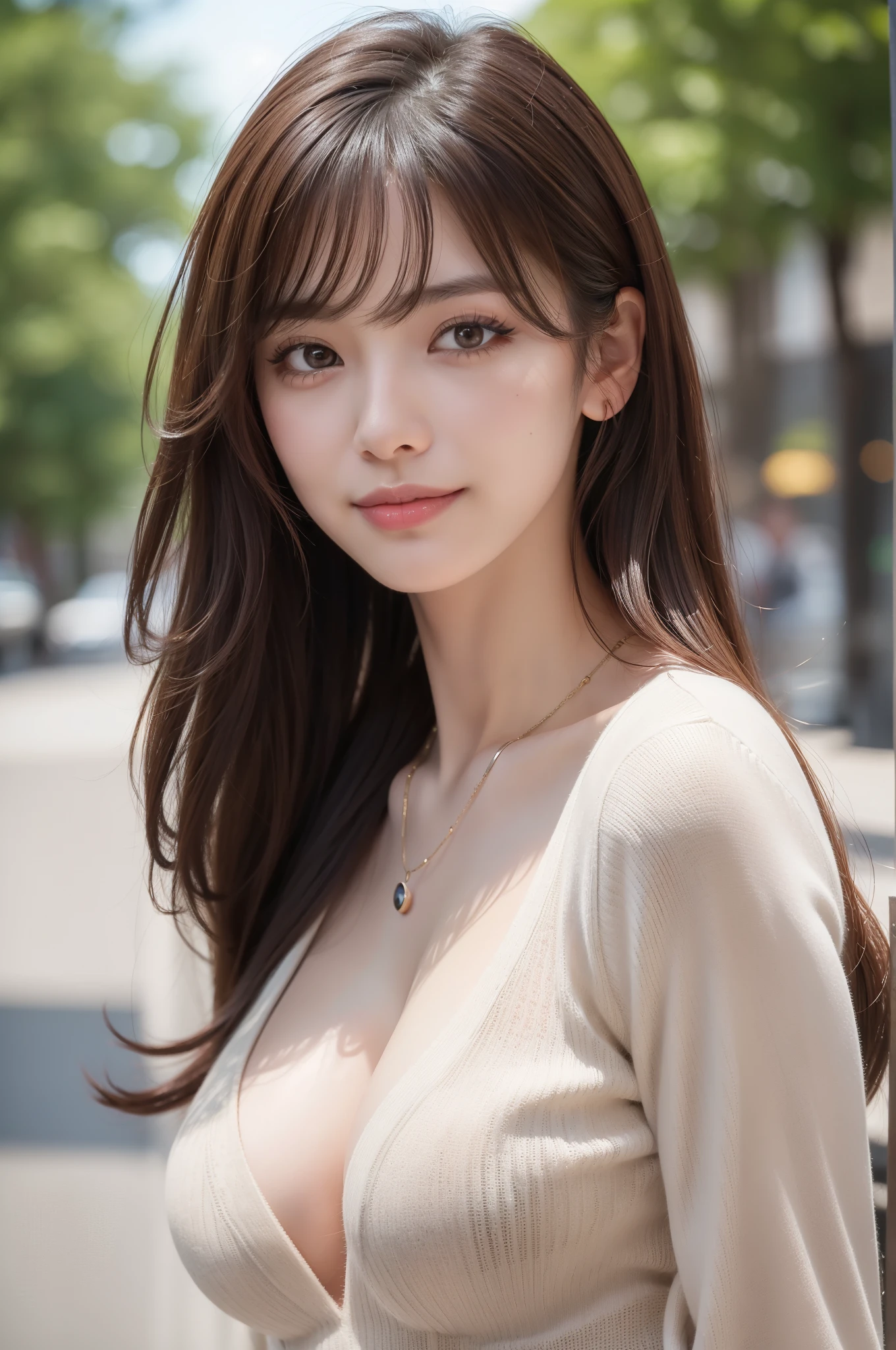 (8k RAW photo, Best Quality), ((masutepiece)), 超A high resolution,, filmg,( 20yr old, Slender face, 1girl in, long eyelashes, Eye Highlights), Natural Skin Texture, A perfectly proportioned face, realistic eyes and face details, lip stick, (makeup),((Long sleeve knit)), Red eyeshadow, Perm Hair, Fluffy short hair, hair messy, Smile, closes mouth, Beautiful legs, Tall lady, skinny, Slim legs, Solo, cleavage of the breast, (Street, Detailed background), huge-breasted, Blurry background, Blurry, Brown hair, Bangs, a necklace, Parted lips, depth of fields