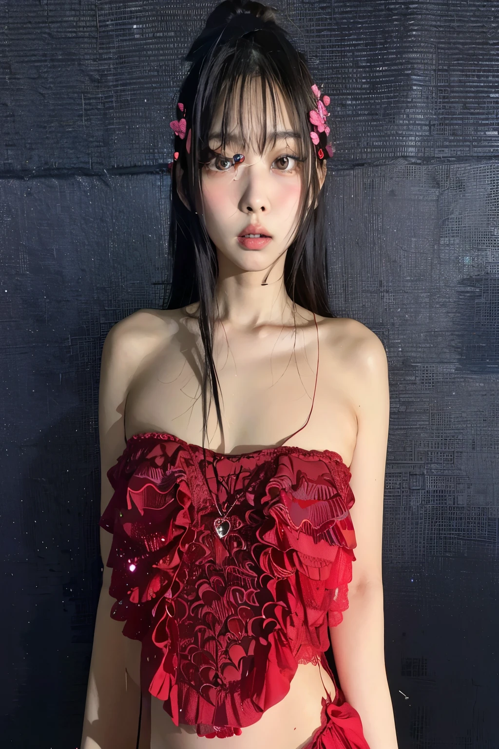 A close-up of a woman in a red dress with a heart-shaped top, Causas de Yasumoto, Shikamimi, Yukii Morita, Ayami tiene, Toma la zona, Aoi Ogata, Kiyoko Suzuki, Hana Yata, Yoshitomo Nara, Sha Xi, Lalisa Manobal