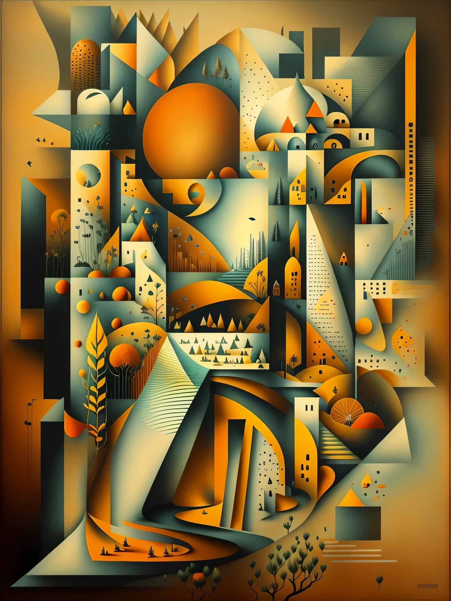 Crear una pintura que combine los estilos del surrealismo, Modernismo, cubismo, y art deco, con influencias del constructivismo y el minimalismo. The painting must be a representation of the artist's interpretation of the world., using a combination of abstract and figurative elements. The painting should be a reflection of the artist's unique perspective, and should convey a sense of mystery, maravilla, e intriga