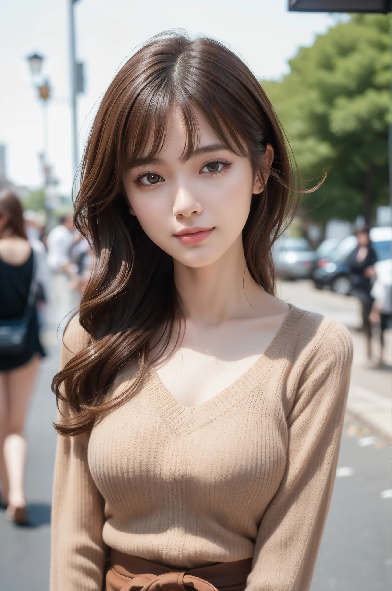 (8k RAW photo, Best Quality), ((masutepiece)), 超A high resolution,, filmg,( 20yr old, Slender face, 1girl in, long eyelashes, Eye Highlights), Natural Skin Texture, A perfectly proportioned face, realistic eyes and face details, lip stick, (makeup),((Long sleeve knit)), Red eyeshadow, Perm Hair, Fluffy short hair, hair messy, Smile, closes mouth, Beautiful legs, Tall lady, skinny, Slim legs, Solo,  (Street, Detailed background), huge-breasted,  Blurry background, Blurry, Brown hair, Bangs,  Parted lips, depth of fields