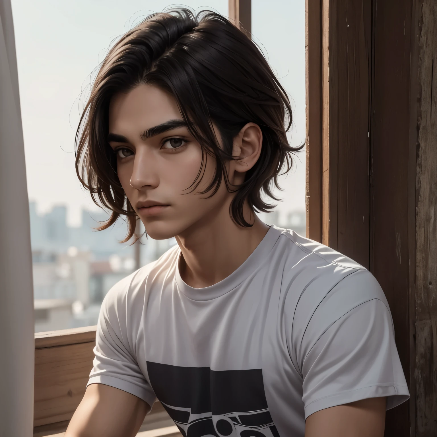 Imagen de un muchacho (hombre) de altura promedio, con cabello negro largo y ondulado como el cabello de una mujer, algo corto del cabello del cabello que cubre extremos de su cara, dark brown eyes, piel morena, ojos rasgados y algo afeminados, the face is also somewhat effeminate but it still looks like a boy, nada de vello facial, y cuerpo delgado vistiendo una camiseta gris y por encima una camisa roja abierta, somewhat thick eyebrows and with some cuts in them that make them have bald lines.