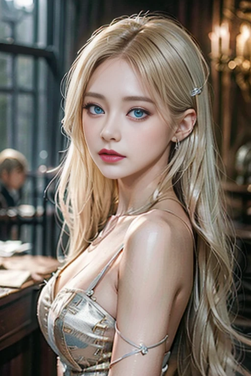 There is a woman in a white dress, holding a music box, artwork in the style of Guweiz, Guweiz on pixiv artstation, Guweiz on artstation pixiv, Guweiz, Fantasy-Kunststil, Guweiz masterpiece, Beautiful and elegant queen, beautiful character painting, Detaillierte digitale Anime-Kunst, blonde - haarige Prinzessin, White hair, Himmelblaue Augen, rosa Lippen
