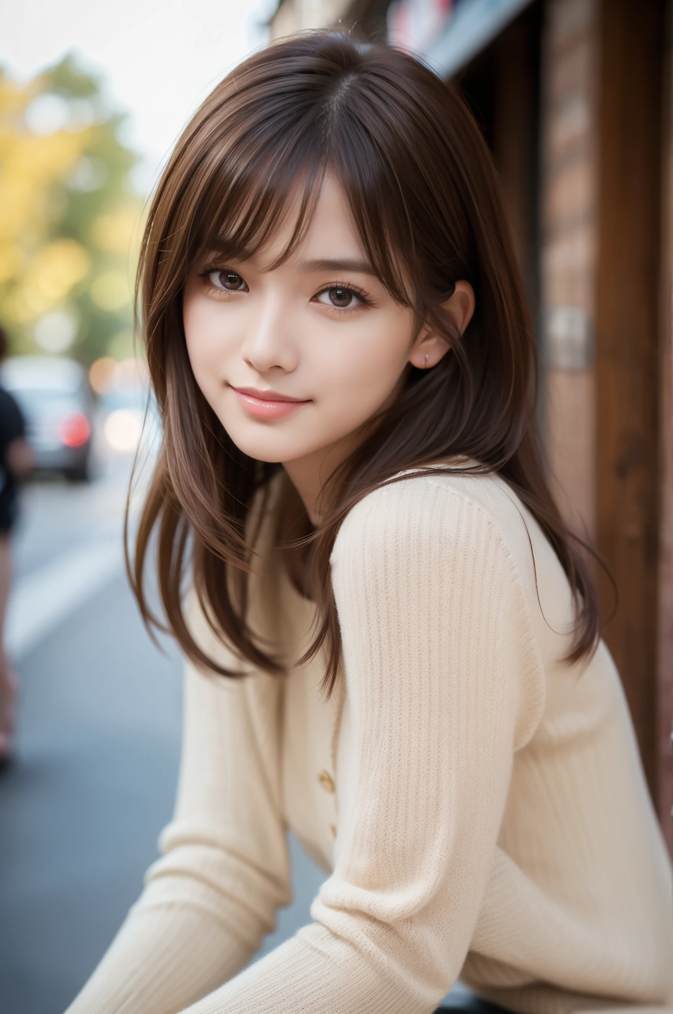 (8k RAW photo, Best Quality), ((masutepiece)), 超A high resolution,, filmg,( 20yr old, Slender face, 1girl in, long eyelashes, Eye Highlights), Natural Skin Texture, A perfectly proportioned face, realistic eyes and face details, lip stick, (makeup),((Long sleeve knit)), Red eyeshadow, Perm Hair, Fluffy short hair, hair messy, Smile, closes mouth, Beautiful legs, Tall lady, skinny, Slim legs, Solo, (Street, Detailed background), huge-breasted, Blurry background, Blurry, Brown hair, Bangs, Parted lips, depth of fields