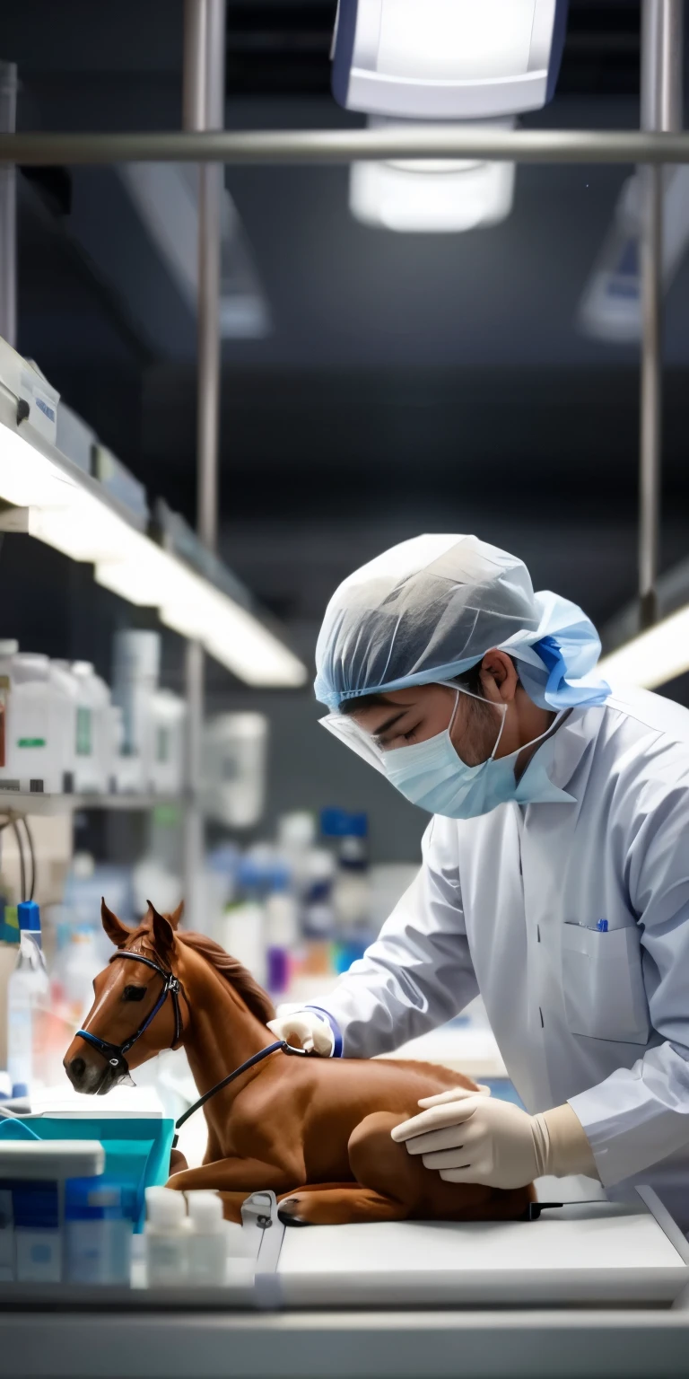 araffe en un laboratorio with a horse and a man in a mask, Clean medical environment, Surgical team, en segundo plano, 🦑 desing, en una mesa de operaciones, foxish guy en un laboratorio coat, en un laboratorio, cirujano, Trabajador de la salud, conspirólogo local, surgery, tomada en 2 0 2 0, surgical gown and scrubs on