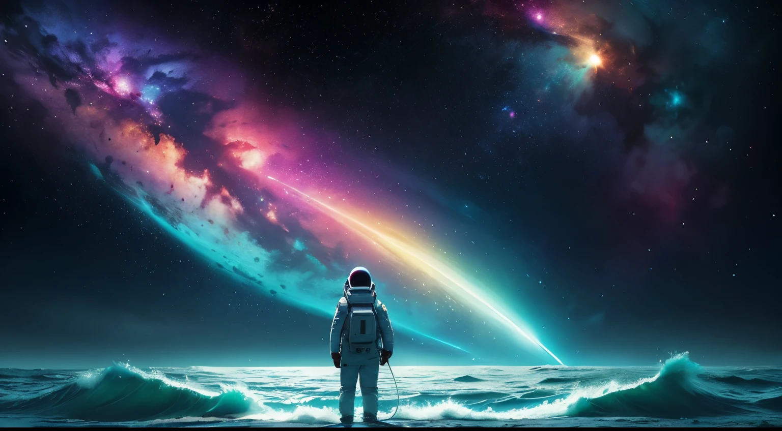 a painting of an astronauta walking through space with colorful paint, astronauta solitarioa, astronauta lost in liminal space, Colores del espacio, Arte espacial, astronauta walking, inspirado por Sam Spratt, amazing wallpaper, cosmic and colorful, astronauta, Colores beeple, inspirado por Cyril Rolando, Arte conceptual colorido, 8K impresionantes obras de arte, an astronauta lost in the ocean