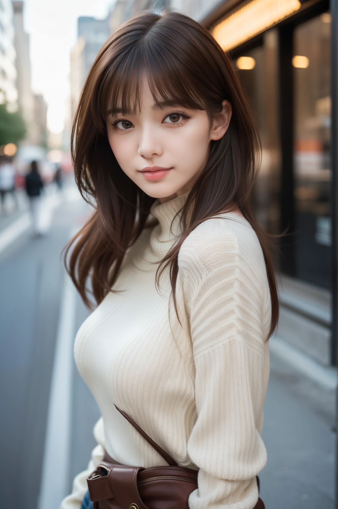 (8k RAW photo, Best Quality), ((masutepiece)), 超A high resolution,, filmg,( 20yr old, Slender face, 1girl in, long eyelashes, Eye Highlights), Natural Skin Texture, A perfectly proportioned face, realistic eyes and face details, lip stick, (makeup),((Long sleeve knit)), Red eyeshadow, Perm Hair, Fluffy short hair, hair messy, Smile, closes mouth, Beautiful legs, Tall lady, skinny, Slim legs, Solo, (Street, Detailed background), huge-breasted, Blurry background, Blurry, Brown hair, Bangs, Parted lips, depth of fields