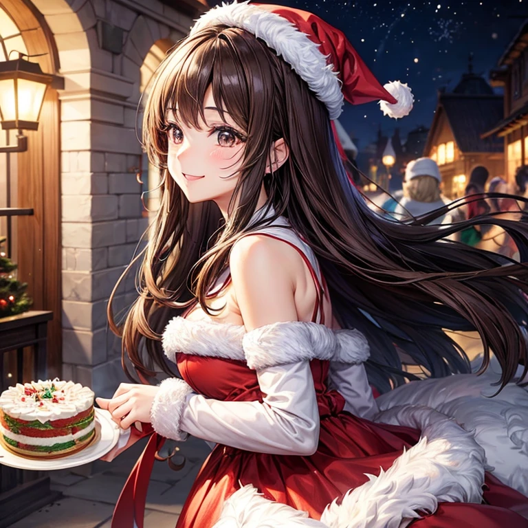 animesque、a beauty girl、Christmas、santa 、a cake、profile、Brown hair、Black eyes glow、a smile、