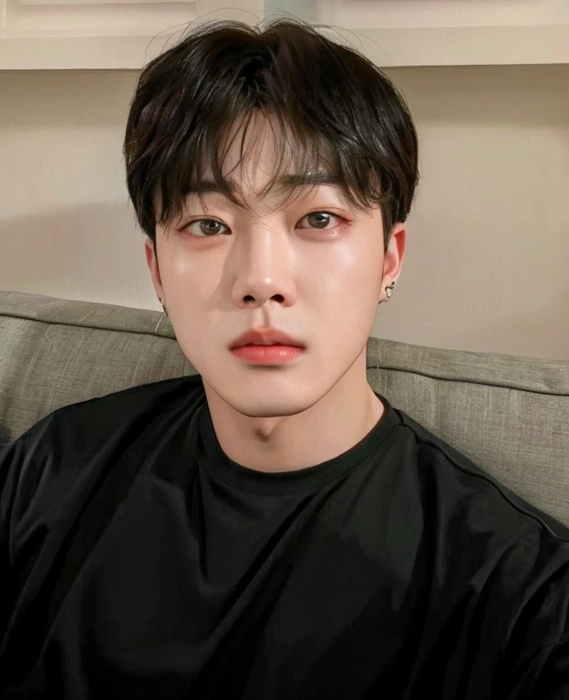 there is a man sitting on a couch with a cell phone, Jimin\'s right eyelid swollen, Hyung Tae, TaeJune Kim, Kim Doyoung, Jungkook, park Jimin, Jimin\Plump lips, Hong June Hyung, Shin Jeongho, Hyung Tae kim, brilhante da chuva, Cai Xukun, Jimin\Nariz grego