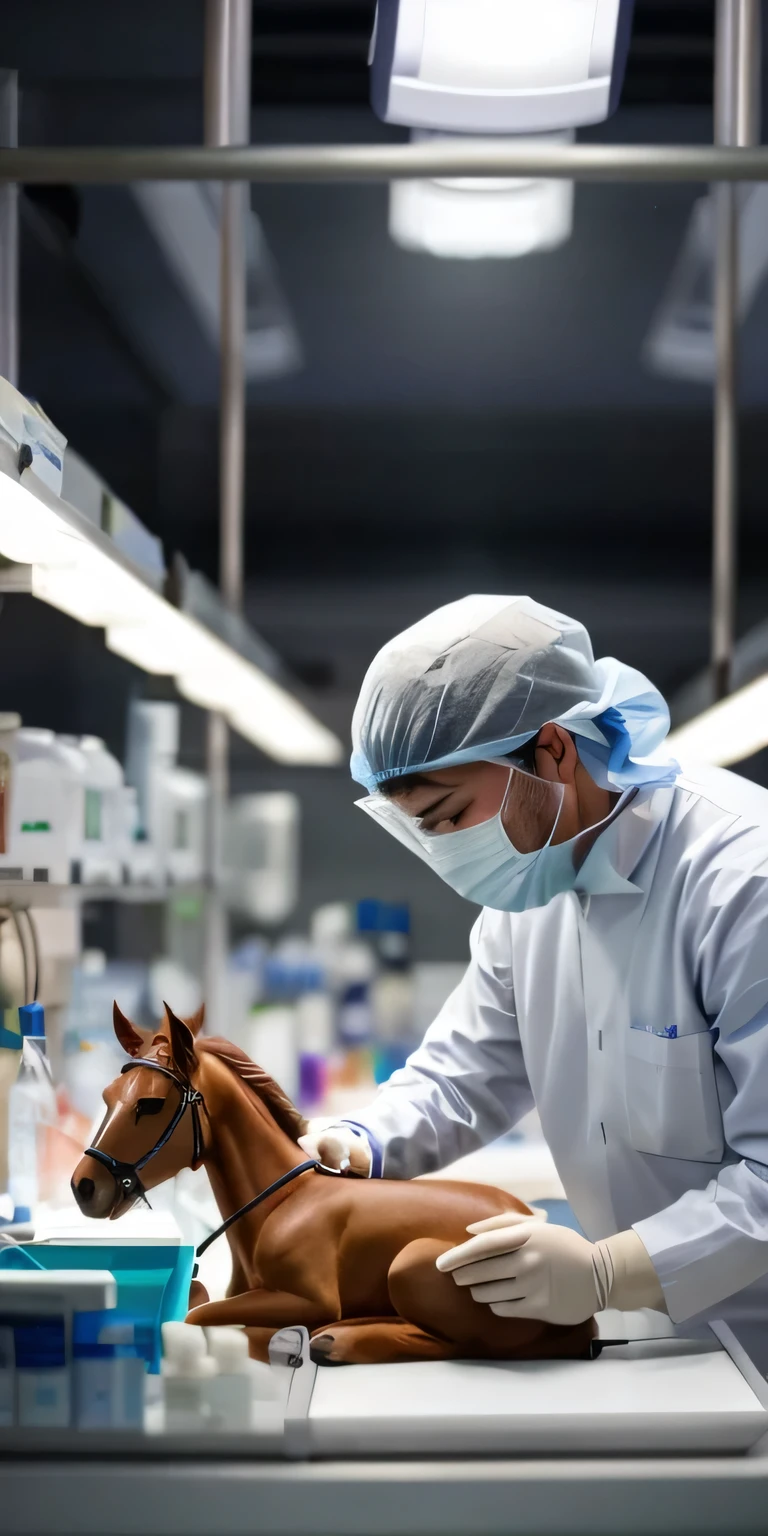 araffe en un laboratorio with a horse and a man in a mask, Clean medical environment, Surgical team, en segundo plano, 🦑 desing, en una mesa de operaciones, foxish guy en un laboratorio coat, en un laboratorio, cirujano, Trabajador de la salud, conspirólogo local, surgery, tomada en 2 0 2 0, surgical gown and scrubs on