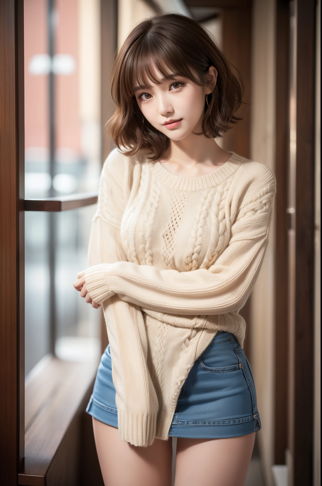 (8k RAW photo, Best Quality), ((masutepiece)), 超A high resolution, filmg穀物, filmg,( 20yr old, Slender face, 1girl in, long eyelashes, Eye Highlights), Natural Skin Texture, A perfectly proportioned face, realistic eyes and face details, lip stick, (makeup), Red eyeshadow, Perm Hair, Fluffy short hair, hair messy, Smile, closes mouth, Beautiful legs, Tall lady, skinny, slim_Legs, Solo,  Ass,(chee), (Detailed background), ((Long sleeve knit, a miniskirt))  Blurry background, Blurry, Brown hair, Bangs,  Parted lips, depth of fields