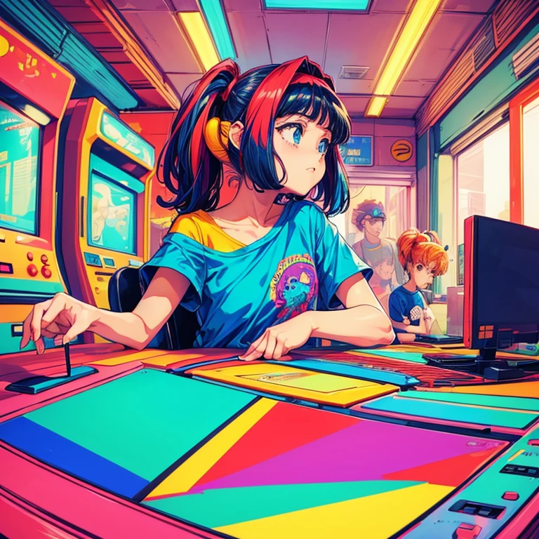 a t-shirt design inspired by the 90s aesthetic that includes anime, arcade, nostalgic and max 7 flat colors, 2d