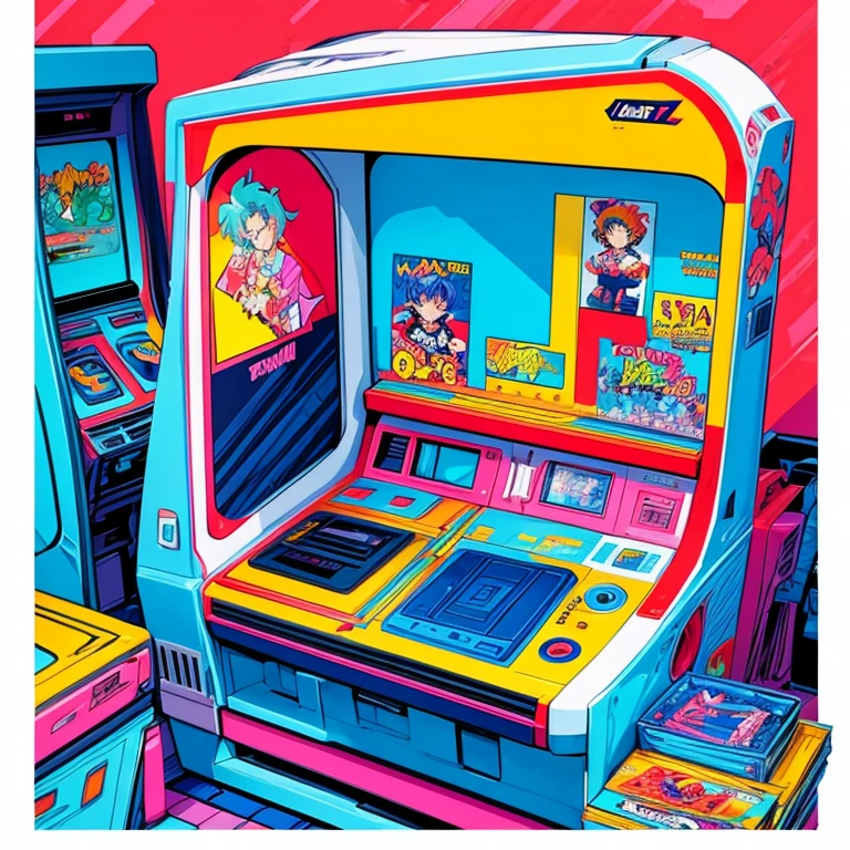 a t-shirt design inspired by the 90s aesthetic that includes anime, arcade, nostalgic and max 7 flat colors, 2d
