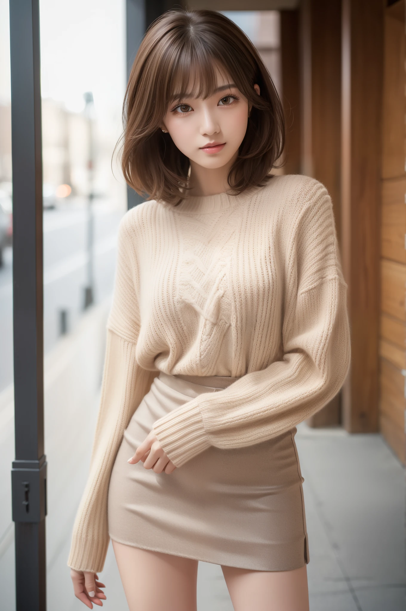 (8k RAW photo, Best Quality), ((masutepiece)), 超A high resolution, filmg穀物, filmg,( 20yr old, Slender face, 1girl in, long eyelashes, Eye Highlights), Natural Skin Texture, A perfectly proportioned face, realistic eyes and face details, lip stick, (makeup), Red eyeshadow, Perm Hair, Fluffy short hair, hair messy, Smile, closes mouth, Beautiful legs, Tall lady, skinny, slim_Legs, Solo, Ass,(chee), (Detailed background), ((Long sleeve knit, a miniskirt)) Blurry background, Blurry, Brown hair, Bangs, Parted lips, depth of fields