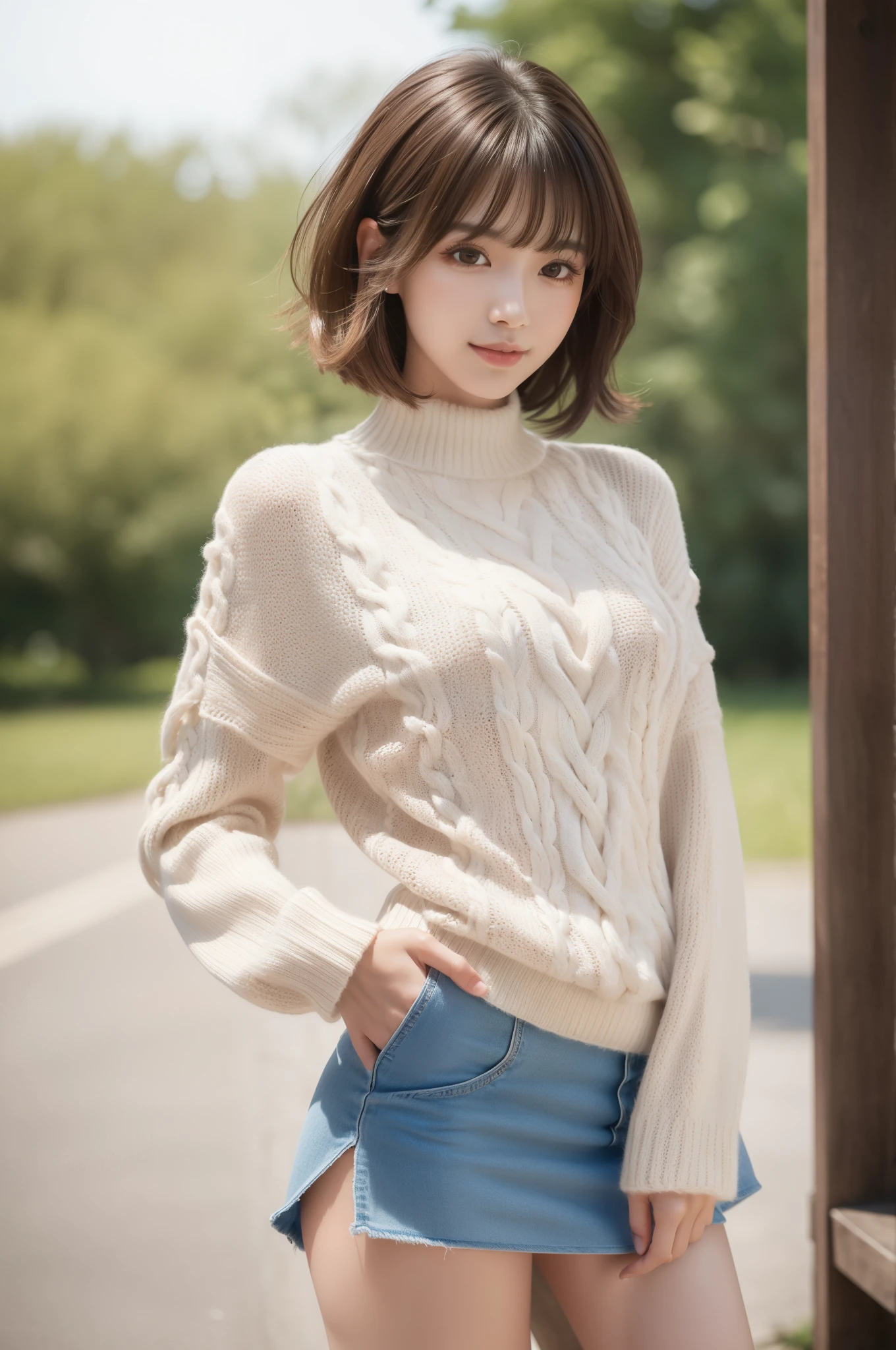 (8k RAW photo, Best Quality), ((masutepiece)), 超A high resolution, filmg穀物, filmg,( 20yr old, Slender face, 1girl in, long eyelashes, Eye Highlights), Natural Skin Texture, A perfectly proportioned face, realistic eyes and face details, lip stick, (makeup), Red eyeshadow, Perm Hair, Fluffy short hair, hair messy, Smile, closes mouth, Beautiful legs, Tall lady, skinny, slim_Legs, Solo,  Ass,(chee), (Detailed background), ((Long sleeve knit, a miniskirt))  Blurry background, Blurry, Brown hair, Bangs,  Parted lips, depth of fields