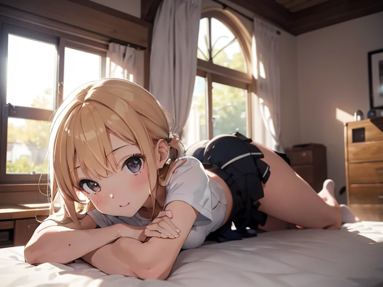 blonde hair, [[[playful]]], [[[bedroom]]], facing viewer, child's pose, downward dog, head down, rear facing upwards, arched back, mini skirt, sexy, arousing, high quality, hyper detailed, delicate details, intricate details, good anatomy