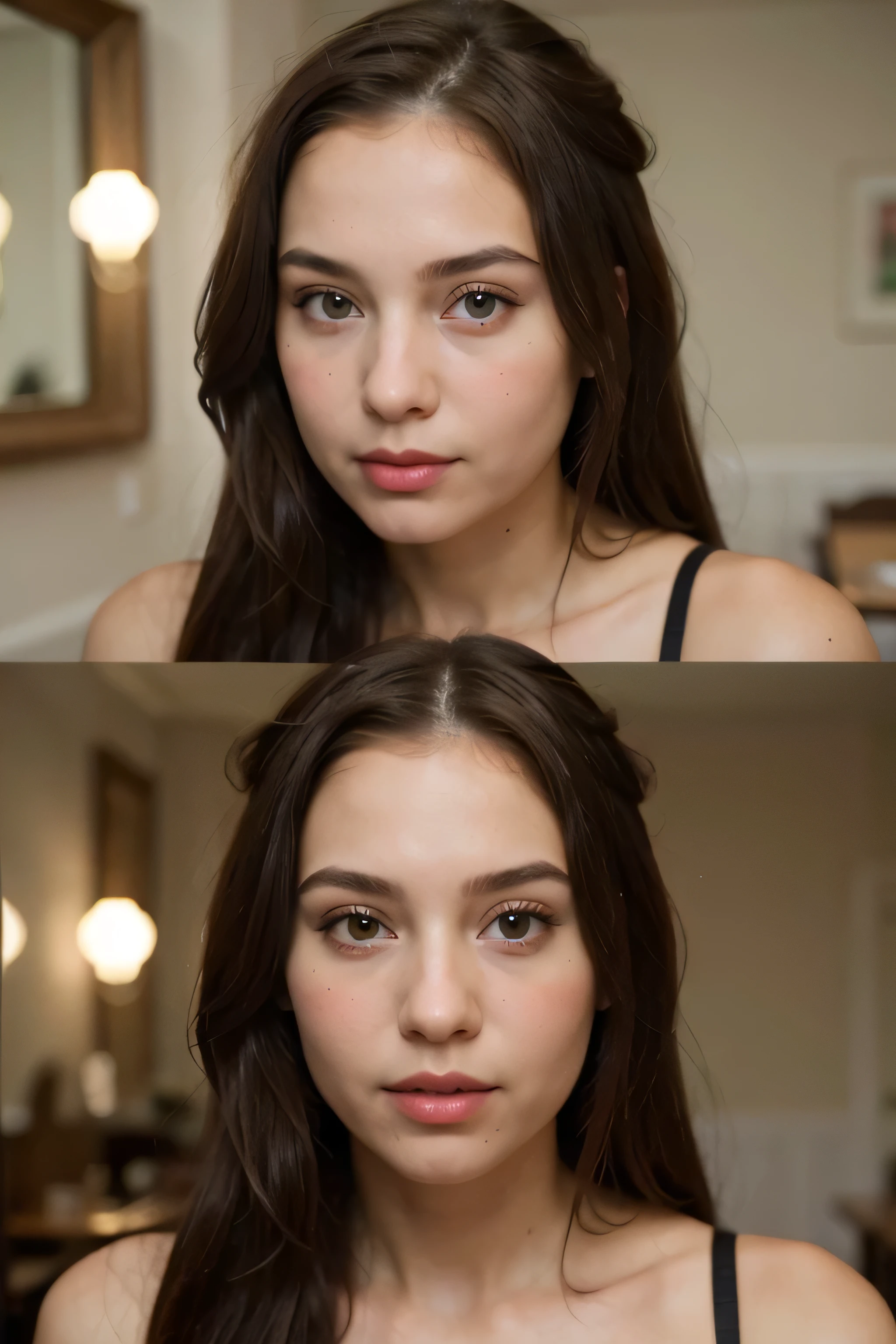 ((best quality)), ((masterpiece)), (detailed), perfect face. Create a brunette girl with bumps with normal big size eyes of hazel-green color. her lips are full she has a blossom mouth. she is in a fancy restaurant