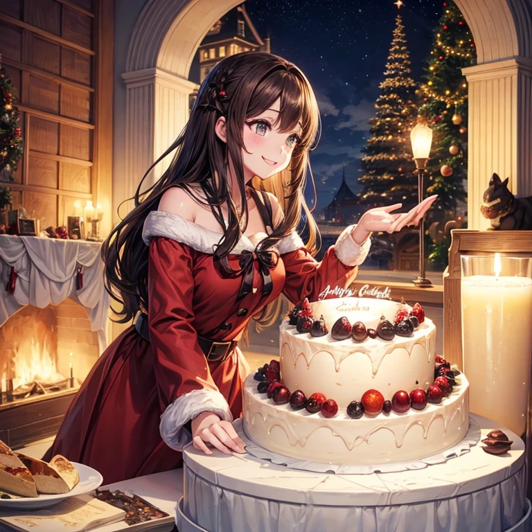 animesque、a beauty girl、Christmas、santa 、a cake、profile、Brown hair、Black eyes glow、a smile、