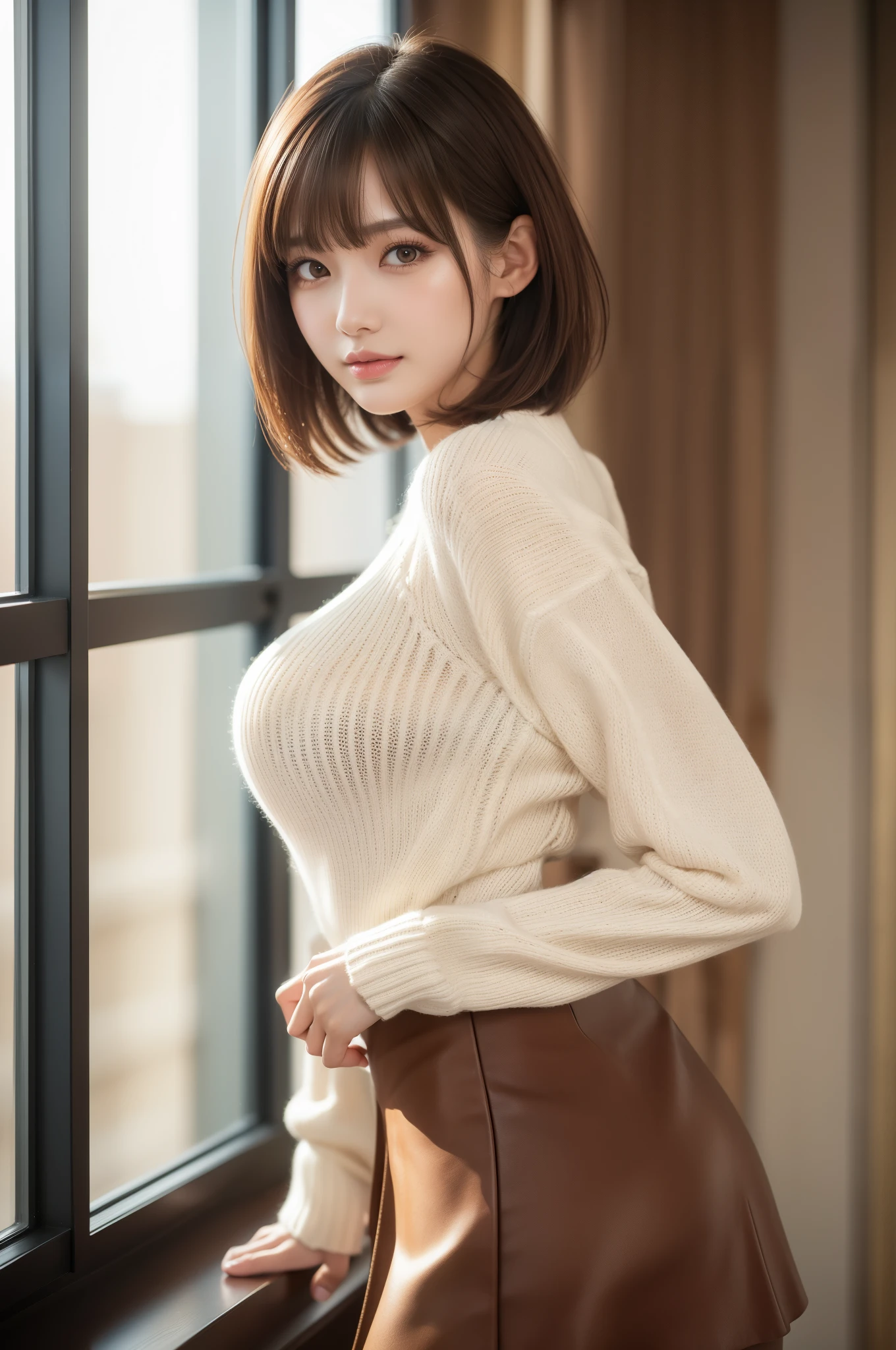 masutepiece, Best Quality, Ultra-detailed, finely detail, hight resolution, 8K Wallpaper, Perfect dynamic composition, Beautiful detailed eyes, Office Lady Suit,Katyusha、short-hair、,middlebreasts,Natural Color Lip, Bold sexy poses,Smile,Shinjuku、20 years girl、Cute、Sexy shot looking at camera、Tempting、Sweaters、Tight sweaters、Knitted dresses、Skenny Pants、big breasts thin waist、Small butt、Seduction Pose、Slender big、beauty legs、Turn your butt towards us、Angle from below、Staring at me