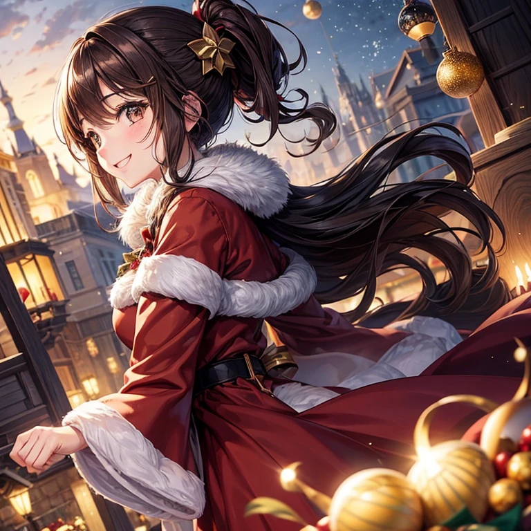 animesque、a beauty girl、Christmas、santa 、present、profile、Brown hair、Black eyes glow、a smile、