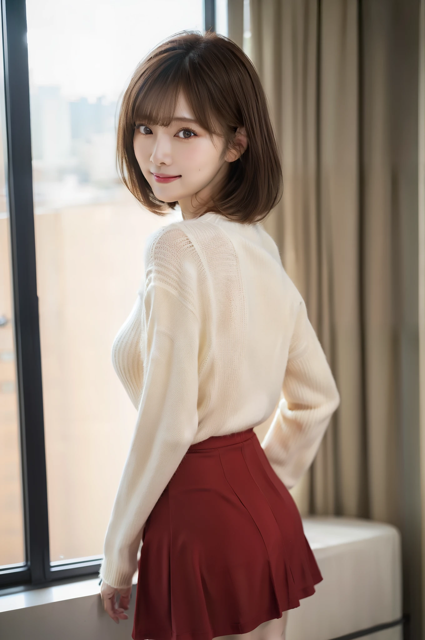 (8k RAW photo, Best Quality), ((masutepiece)), 超A high resolution, filmg穀物, filmg,( 20yr old, Slender face, 1girl in, long eyelashes, Eye Highlights), Natural Skin Texture, A perfectly proportioned face, realistic eyes and face details, lip stick, (makeup), Red eyeshadow, Perm Hair, Fluffy short hair, hair messy, Smile, closes mouth, Beautiful legs, Tall lady, skinny, slim_Legs,breasts are large, Solo, Ass,(chee), (Detailed background), ((Long sleeve knit, skirt by the)) Blurry background, Blurry, Brown hair, Bangs, Parted lips, depth of fields