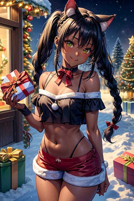 nsfw、masterpiece、best quality、(((super detailed dark skin)))、full body shot、(sexy pose:1.3)、1catgirl、(((adult woman)))、jadegreen eyes、dark bodyskin、cat ears、horse tail、hair/(braided side pigtails)、flipped hair、midnight black hair、cleavage、(arms free)、(shoulders free)、(neck free)、top/(small torn christmas top:1.3)、hotpants/(small tight christmas hotpants)、standing outdoors in snowy、background/(christmastree with presents)、cheeky smile、sticking tongue out