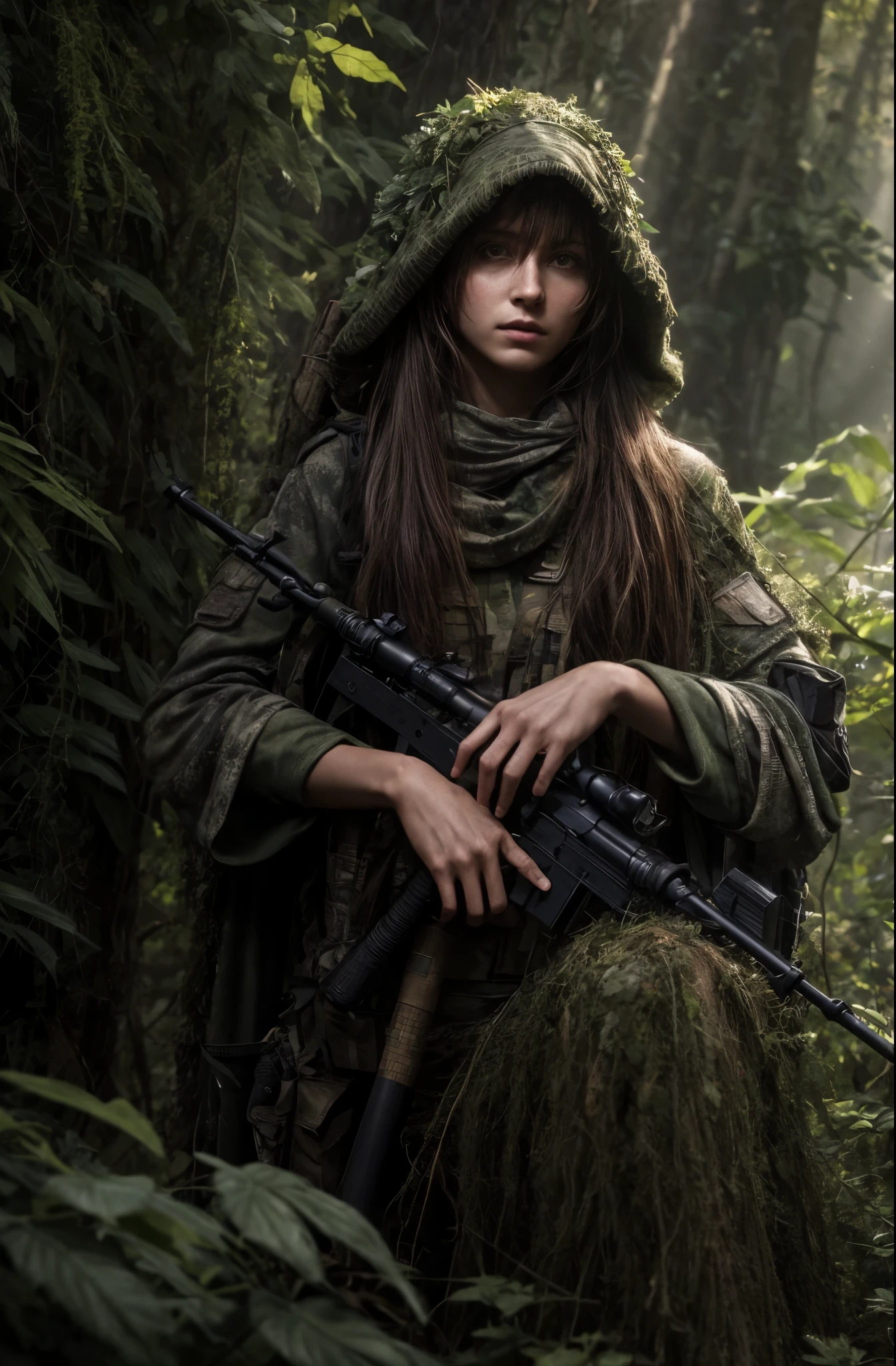 A 4K picture of a female sniper hiding in a foliage, wearing ghillie suit, deep colors, masterpiece, soft lighting and ambience, (god rays)