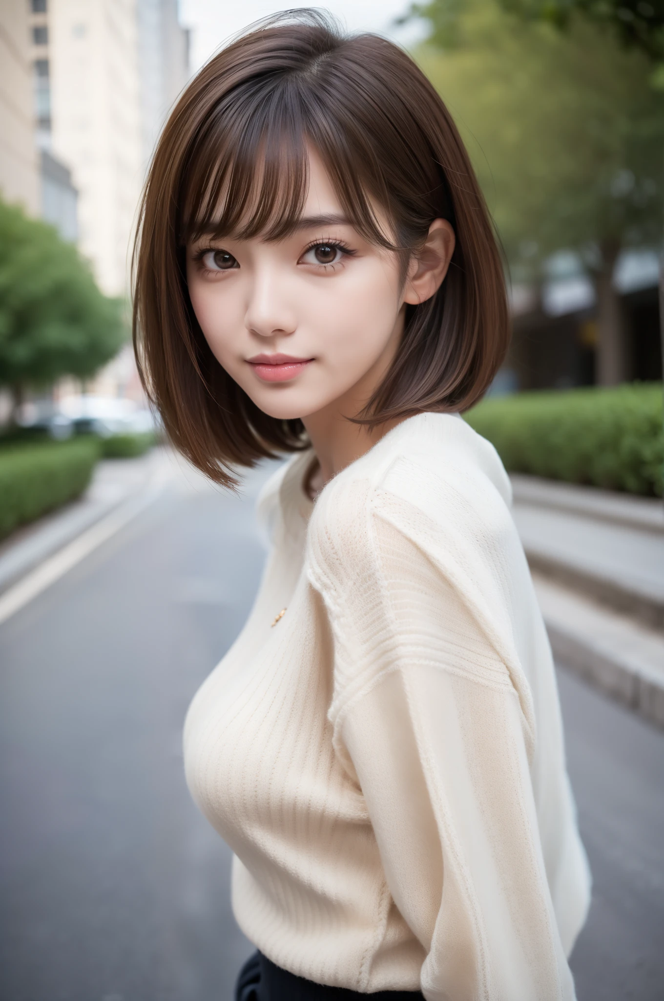 (8k RAW photo, Best Quality), ((masutepiece)), 超A high resolution,, filmg,( 20yr old, Slender face, 1girl in, long eyelashes, Eye Highlights), Natural Skin Texture, A perfectly proportioned face, realistic eyes and face details, lip stick, (makeup),((Long sleeve knit,a miniskirt)), Red eyeshadow, Perm Hair, Fluffy short hair, hair messy, Smile, closes mouth, Beautiful legs, Tall lady, skinny, Slim legs, Solo, (Street, Detailed background), huge-breasted, Blurry background, Blurry, Brown hair, Bangs, Parted lips, depth of fields