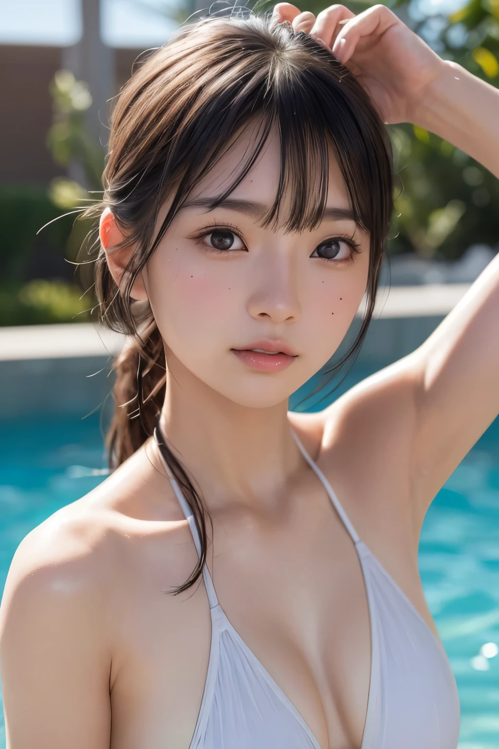 best qualityer、tmasterpiece、超高分辨率、1 rapariga、glowy skin、((hyper realistic detailed))、Global illumination、8K、、High intricate details、Realistic light、shinning eyes、Transparent swimsuit，Silver glasseusty body