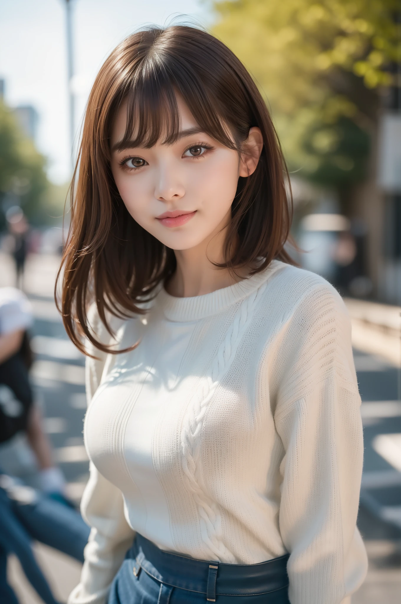 (8k RAW photo, Best Quality), ((masutepiece)), 超A high resolution,, filmg,( 20yr old, Slender face, 1girl in, long eyelashes, Eye Highlights), Natural Skin Texture, A perfectly proportioned face, realistic eyes and face details, lip stick, (makeup),((Long sleeve knit,a miniskirt)), Red eyeshadow, Perm Hair, Fluffy short hair, hair messy, Smile, closes mouth, Beautiful legs, Tall lady, skinny, Slim legs, Solo, (Street, Detailed background), huge-breasted, Blurry background, Blurry, Brown hair, Bangs, Parted lips, depth of fields