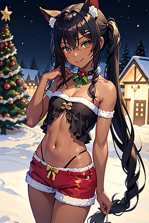 nsfw、masterpiece、best quality、(((super detailed dark skin)))、full body shot、(sexy pose:1.3)、1catgirl、(((adult woman)))、jadegreen eyes、dark bodyskin、cat ears、horse tail、hair/(braided side pigtails)、flipped hair、midnight black hair、cleavage、(arms free)、(shoulders free)、(neck free)、top/(small torn christmas top:1.3)、hotpants/(small tight christmas hotpants)、standing outdoors in snowy、background/(christmastree with presents)、cheeky smile、sticking tongue out