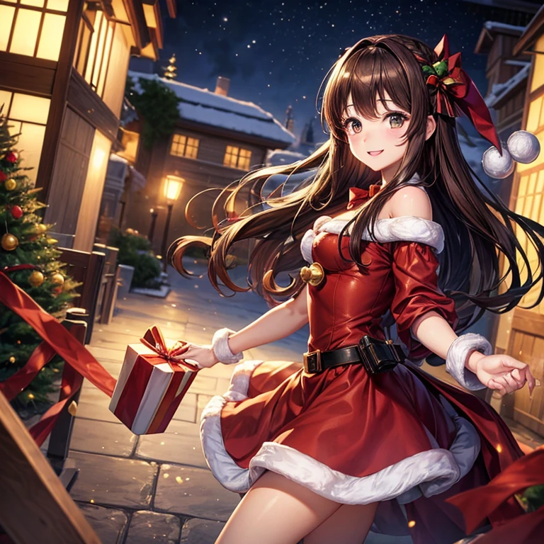 animesque、a beauty girl、Christmas、santa 、present、profile、Brown hair、Black eyes glow、a smile、