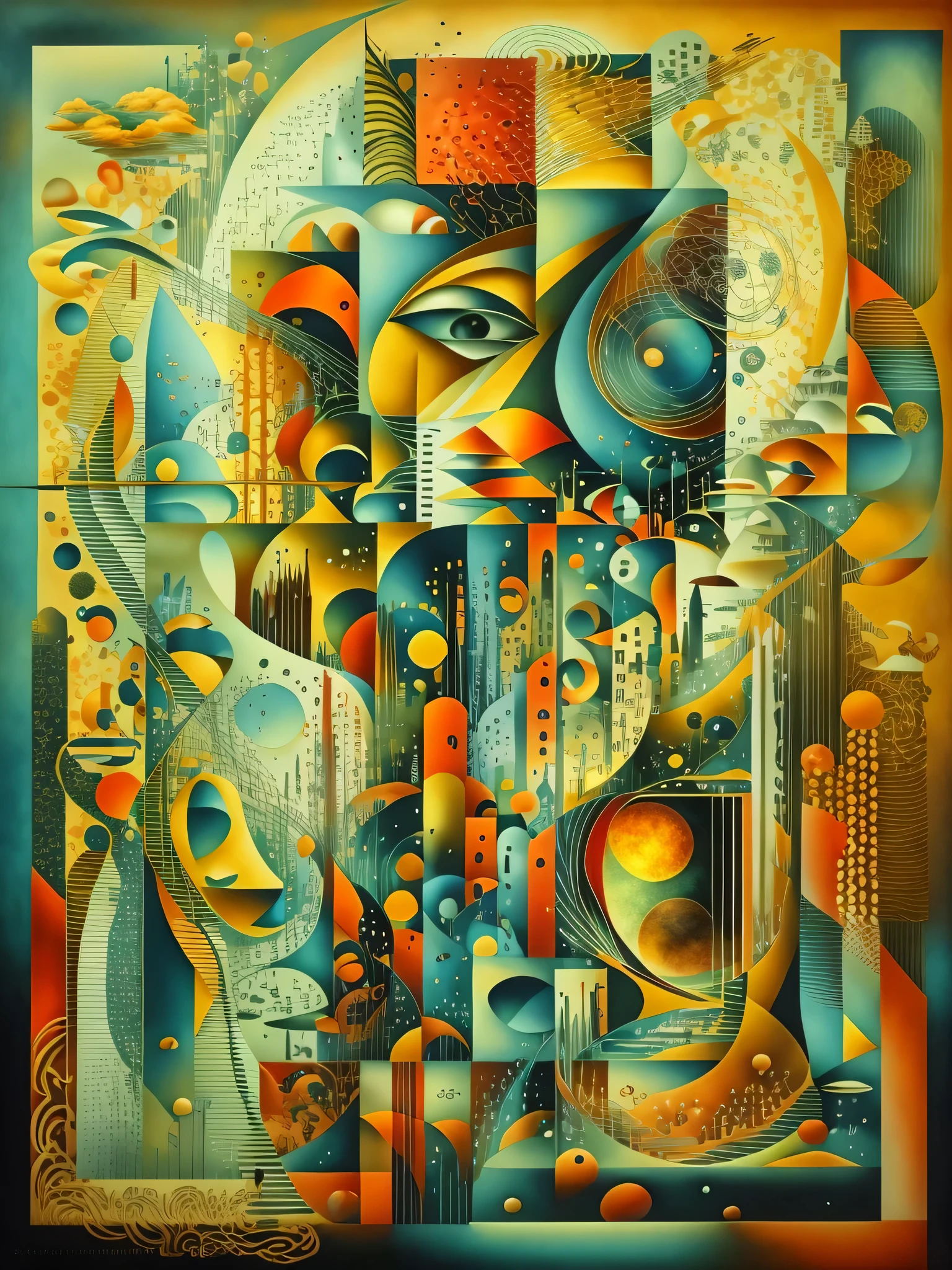 Crear una pintura que combine los estilos del surrealismo, Modernismo, cubismo, y art deco, con influencias del constructivismo y el minimalismo. The painting must be a representation of the artist's interpretation of the world., using a combination of abstract and figurative elements. The painting should be a reflection of the artist's unique perspective, and should convey a sense of mystery, maravilla, e intriga