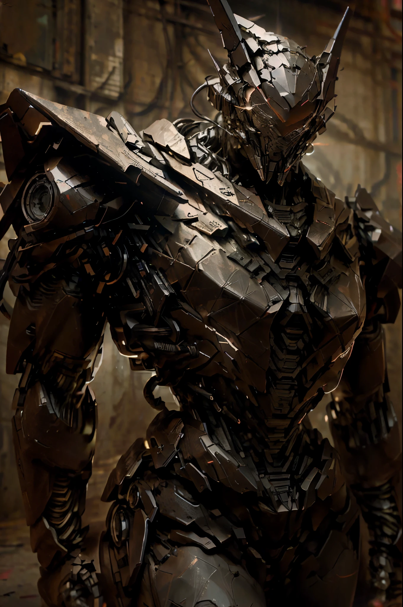 Mighty robot, in full height, body made of barbed wire and sharp sabers, ruby eyes, glow red, Very detailed, illustartion, science-fiction, cinematiclight, Clear Focus