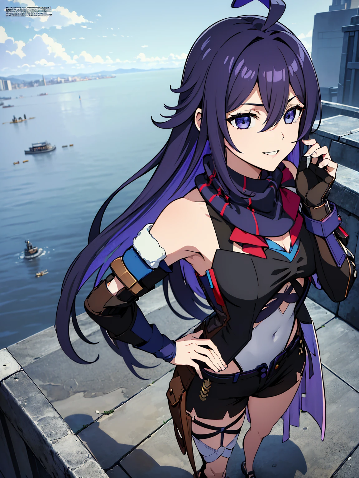(((masterpiece))), 1girl, solo, ((seele hsr, purple_hair, long_hair, purple_eyes)), ahoge, jeloseele, ((purple_scarf, highleg_leotard, detached_sleeves, black_gloves, black_short_shorts)), medium breasts, best quality, high quality, highres, ((beautiful detailed eyes)), (very detailed face), outdoors, confident, cool_smile, ((from above, full_body, portrait)), thick thighs, (standing), hand_on_hip, winter, ((steampunk_themed_city_background)), snowing, day_time, clouds